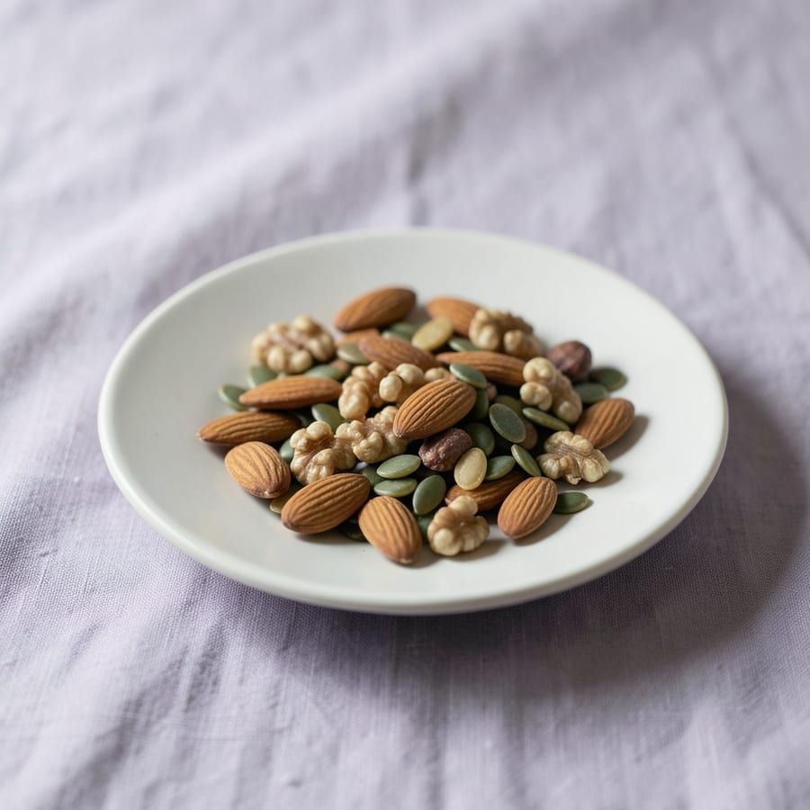 Almonds, walnuts and pumpkin seeds loosely scattered on a small plate