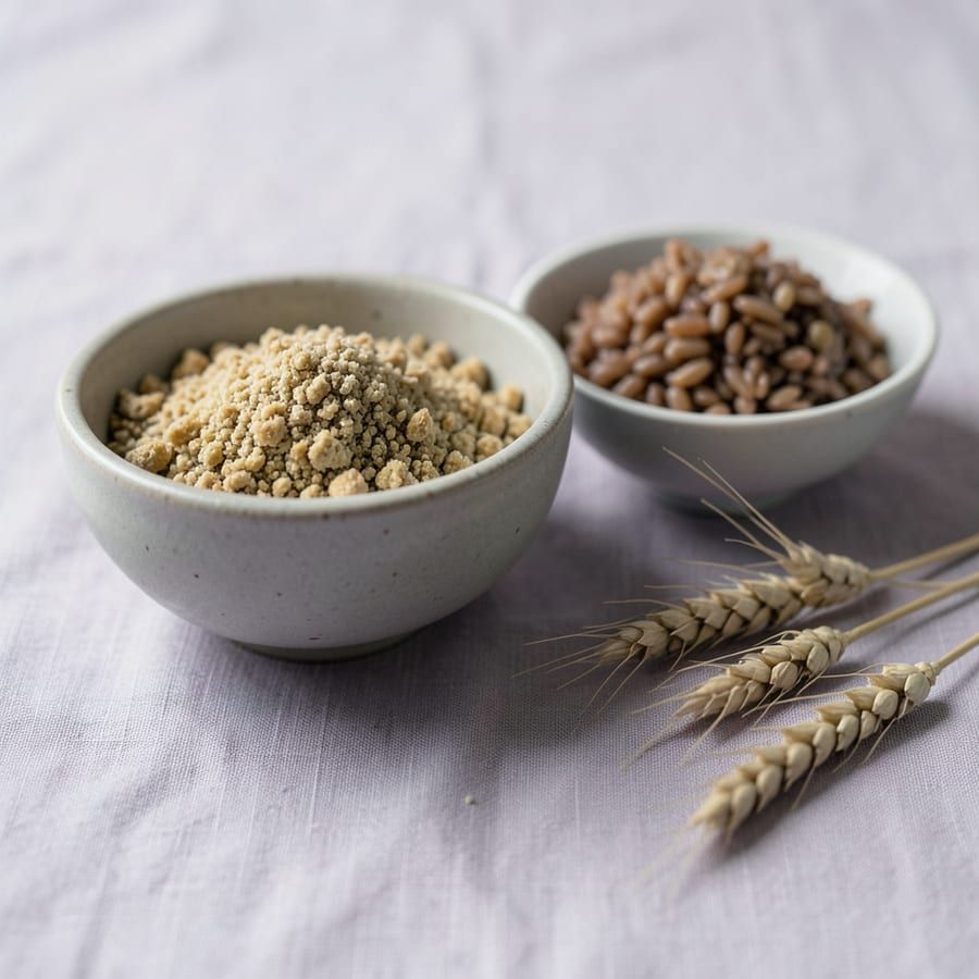 A bowl of whole wheat atta beside a small bowl of brown rice and a few stalks of wheat
