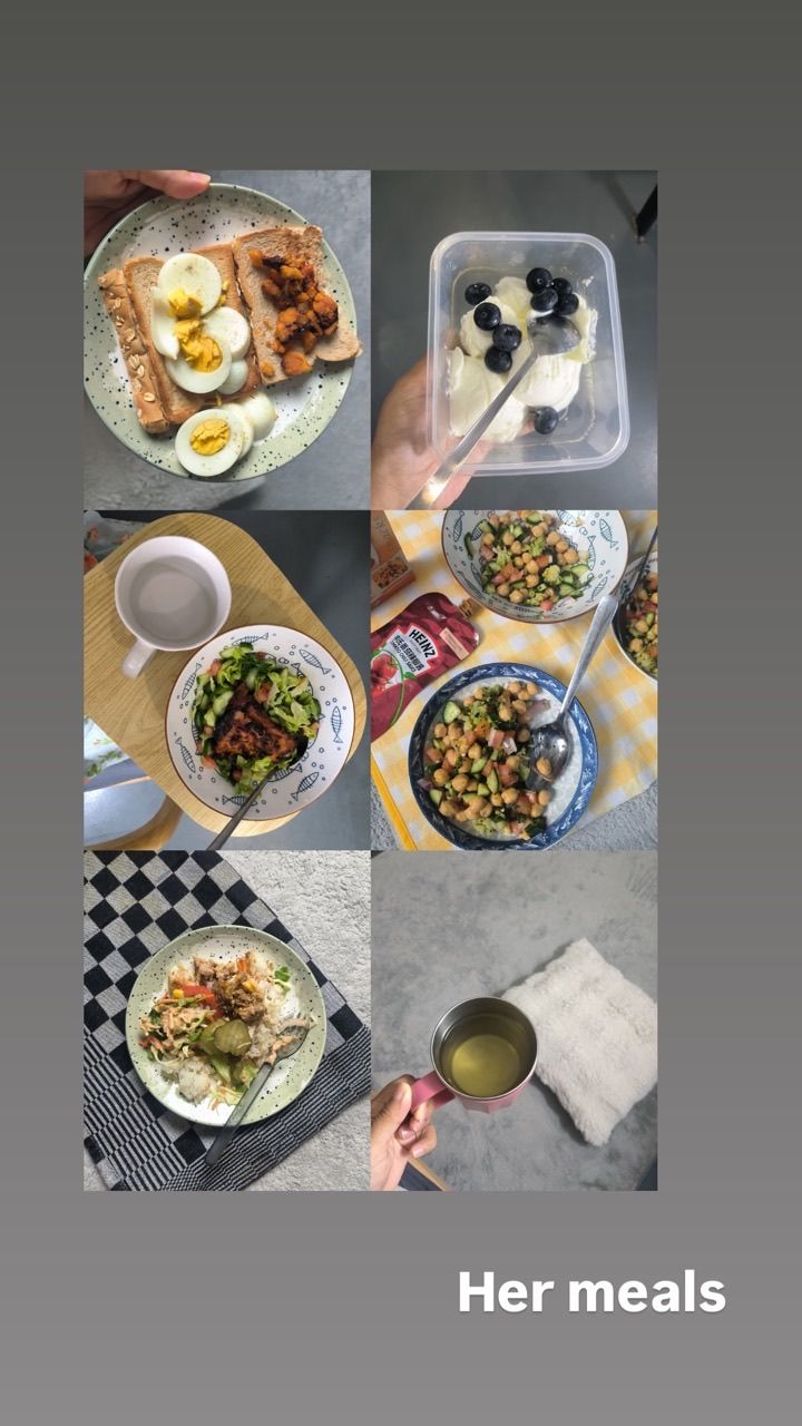 Six client meals — eggs on peanut-butter toast, yoghurt with blueberries, chana and cucumber salad, grilled chicken with salad, rice with chicken, and a cup of soup